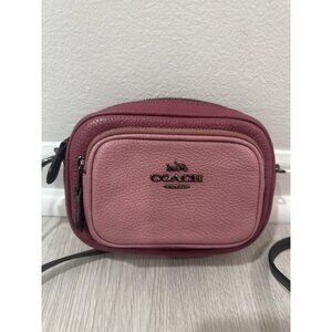 Coach Crossbody Bag Womens Pink Double Zip Camera Pebbled Leather Two Tone‎ Mini
